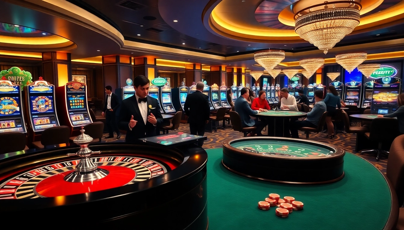 Excited players at a luxurious PG88 casino roulette table, surrounded by vibrant gaming elements.